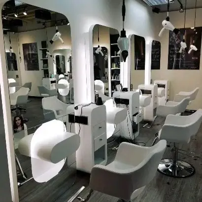 White styling stations in a salon
